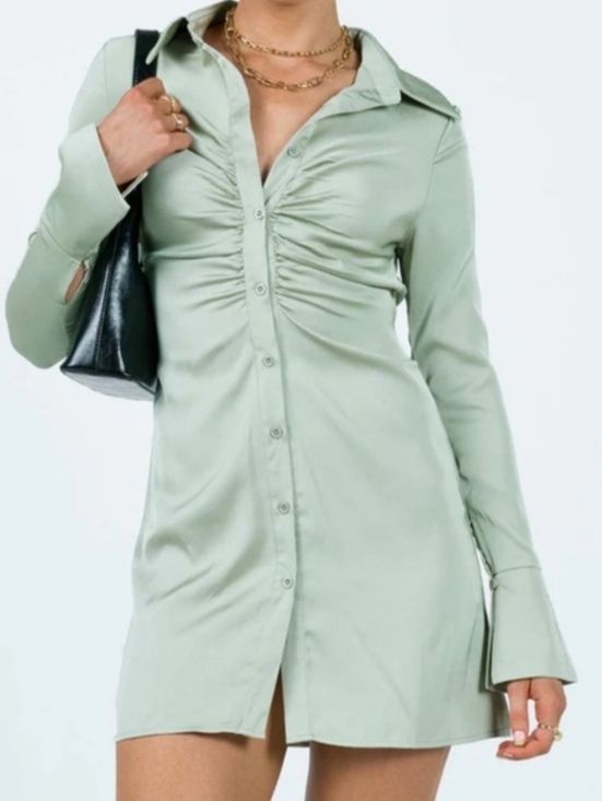 Princess Polly Dresses & Skirts - NWT Princess Polly Sage Rouched Front Button Down Dress Size 8